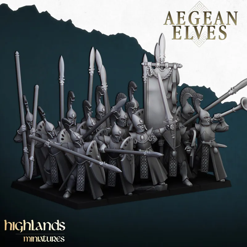Populair Highlands Miniatures - Aegean Elves - Elves Spearmen with EMC