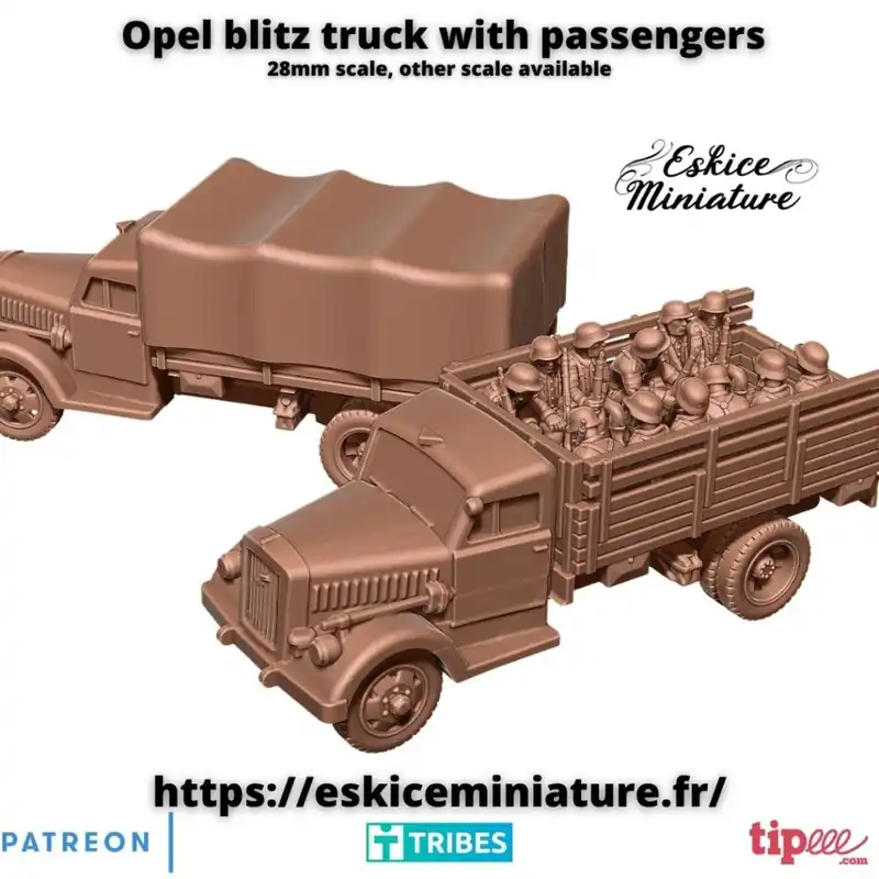 Laatste Versie Eskice Miniature – WWII – Opel blitz truck with passengers - 28mm