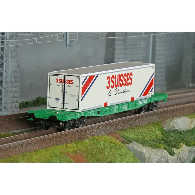 Jouef HJ6277 Wagon porte-conteneurs à bogies S70, SNCF, chargé caisse mobile "3 SUISSES" Direct Beschikbaar