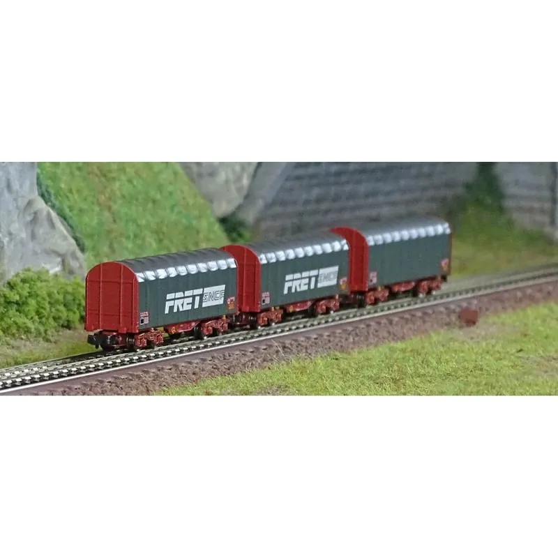 Alleen Vandaag Azar W03-FRP Set de 3 wagons courts bâchés à bogies, SNCF, FRET, échelle Z