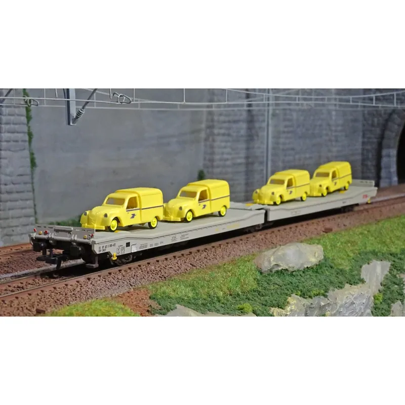 Laatste Kans Jouef HJ6205 Wagon plat 3 essieux Ladks, livrés gris STVA, chargé 4 Citroën 2CV "La Poste" jaune