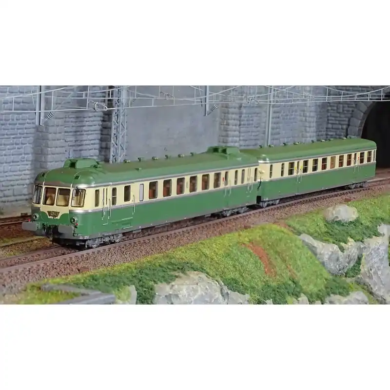 Gecertificeerd Jouef HJ2429S Autorail diesel RGP 2 X 2719 + remorque XRAB 7708, SNCF, vert/beige avec déflecteurs de fumée, digital sonore